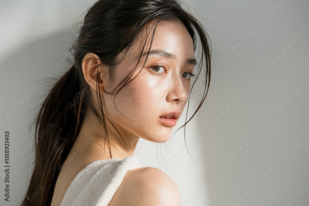 Asian beauty, soft portrait, side profile, long dark hair, white sleeveless top, delicate features, pale skin, natural makeup, wispy hair strands, subtle smile, grey background, studio lighting, high- Asian beauty, soft portrait, side profile, long dark hair, white sleeveless top, delicate features, pale skin, natural makeup, wispy hair strands, subtle smile, grey background, studio lighting, high-