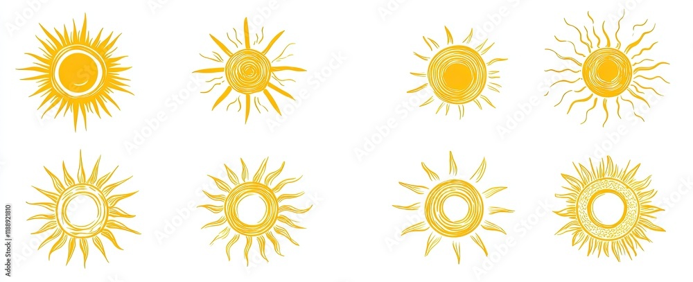 A set of yellow sun icons on a white background, simple shapes, vector graphics, flat design style, graphic design elements for web and mobile applications A set of yellow sun icons on a white background, simple shapes, vector graphics, flat design style, graphic design elements for web and mobile applications