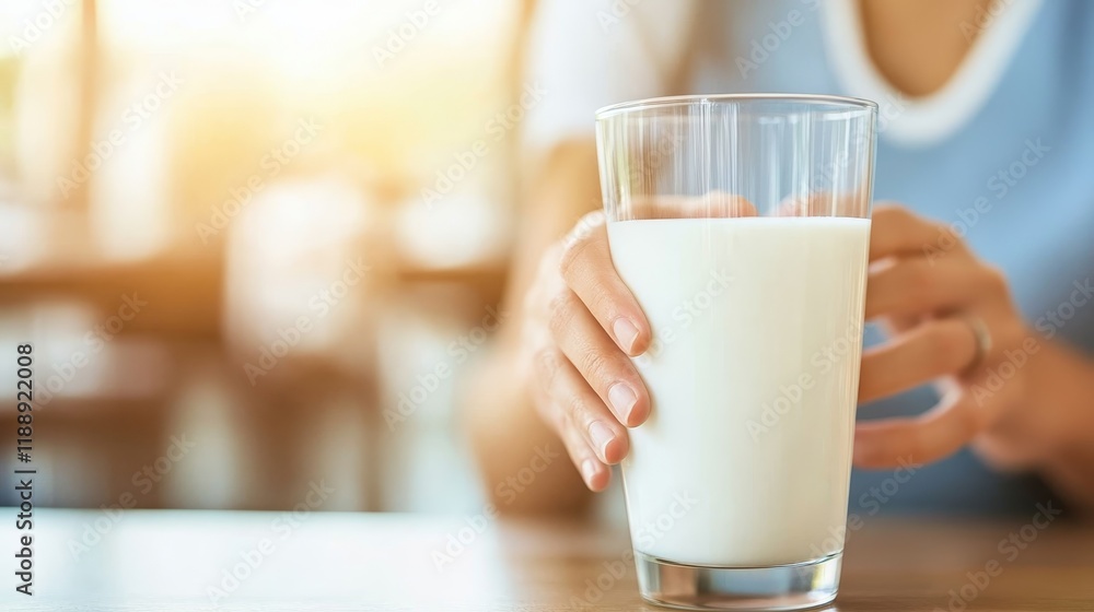 A person holding a glass of milk, emphasizing a refreshing drink in a warm setting. A person holding a glass of milk, emphasizing a refreshing drink in a warm setting.