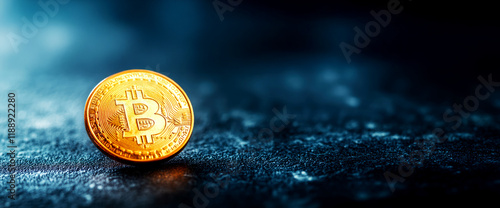 Bitcoin coin glows in low light digital currency study close-up shot dark environment detailed view concept of modern gold photo