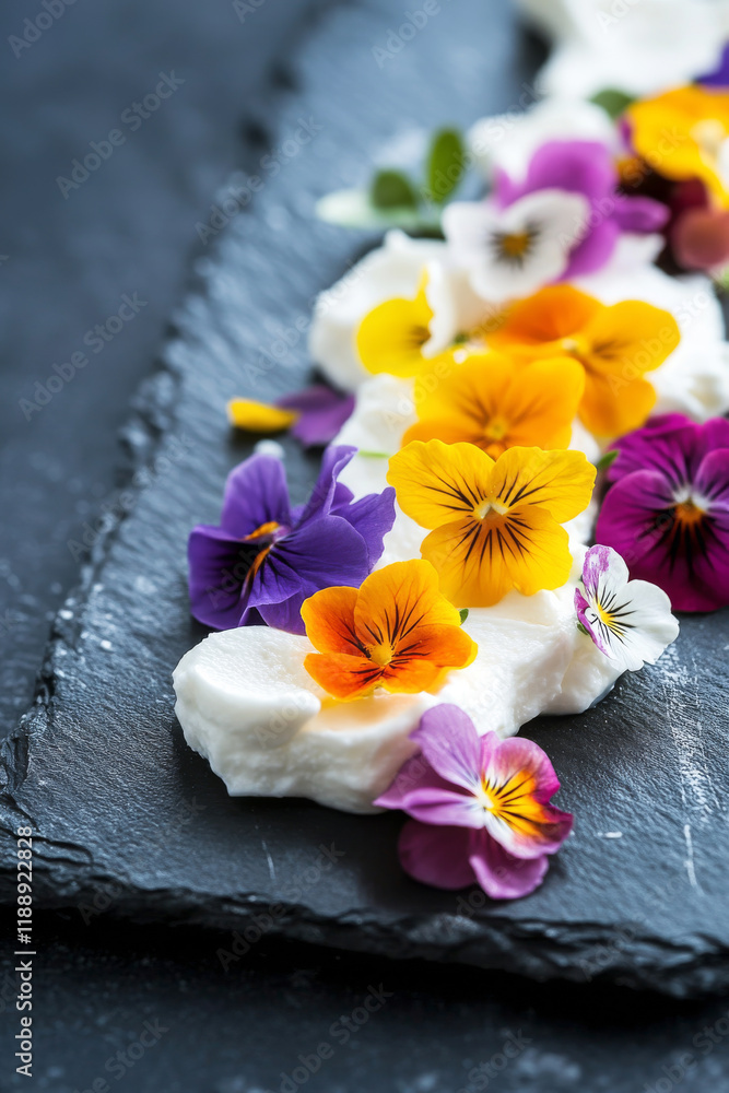 Photo of a creative yogurt presentation on a dark slate plate, garnished with vibrant edible flowers and fresh mint leaves, minimalistic food styling with a natural aesthetic Photo of a creative yogurt presentation on a dark slate plate, garnished with vibrant edible flowers and fresh mint leaves, minimalistic food styling with a natural aesthetic