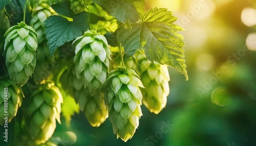 Close-up of green hops in the sunlight, hanging from a vine ready for harvest.