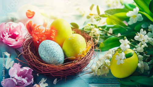Happy Easter. Congratulatory easter background. Easter eggs and flowers.