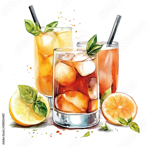 A watercolor vector painting of tea drinks, isolated on a white background. Tea drinks vector.

