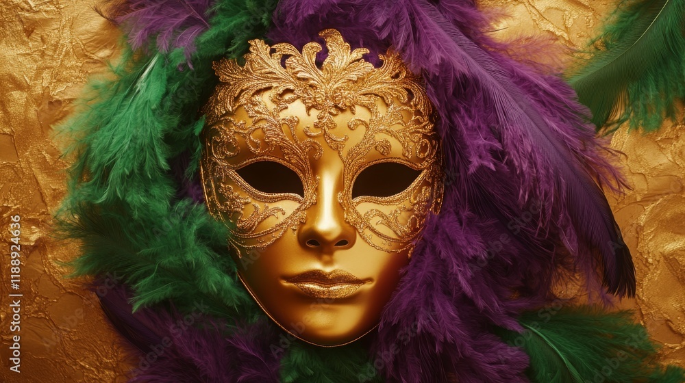 Elegant Gold Mask Adorned with Vibrant Feathers Against Luxurious Golden Background Evoking Mystique and Glamour of Carnival Festivities Elegant Gold Mask Adorned with Vibrant Feathers Against Luxurious Golden Background Evoking Mystique and Glamour of Carnival Festivities