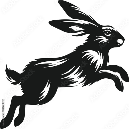 A stylized black and white illustration of a leaping hare.