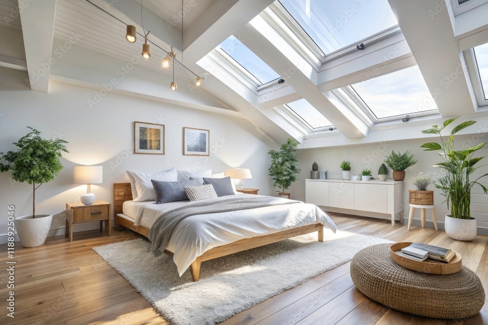 Fototapeta premium Skylight-lit Scandinavian bedroom: white bed, minimalist design, bright lighting, cozy and modern.