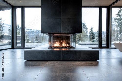 Modern glass encased fireplace with snowy mountain view photo