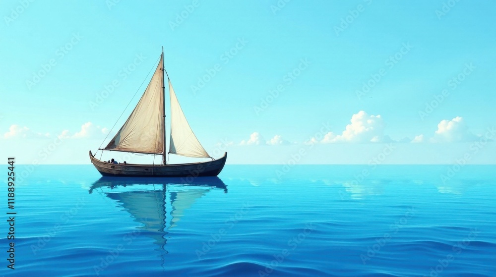 Fototapeta premium Serene Sailing Vessel on Tranquil Azure Waters Under a Light Blue Sky with Puffy Clouds