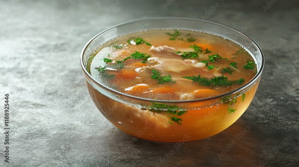 Transparent chicken broth with boiled meat. Low fat clear soup with carrot, parsley and spices. Hot dish, cutlery, stone concrete background, copy space Transparent chicken broth with boiled meat. Low fat clear soup with carrot, parsley and spices. Hot dish, cutlery, stone concrete background, copy space