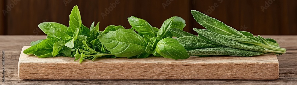 Fresh Culinary Herbs Including Basil and Sage Displayed on a Wooden Cutting Board Fresh Culinary Herbs Including Basil and Sage Displayed on a Wooden Cutting Board