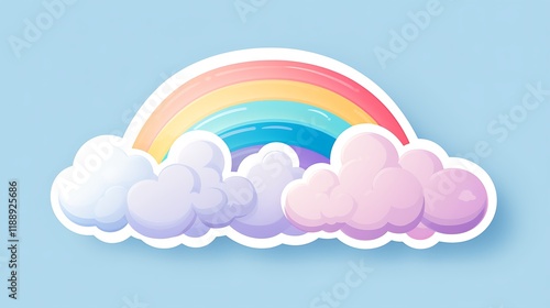 Rainbow sticker with soft, pastel shades and fluffy clouds.