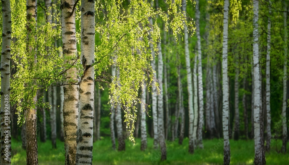 Fototapeta premium green birch in spring wooded area
