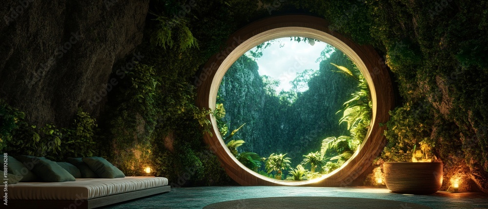 Obraz premium A serene interior featuring circular window with lush greenery outside, creating tranquil atmosphere