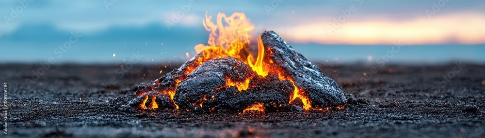 Glowing Lava Rocks Erupting from Black Sand Beach at Sunrise Capturing Natural Beauty Glowing Lava Rocks Erupting from Black Sand Beach at Sunrise Capturing Natural Beauty