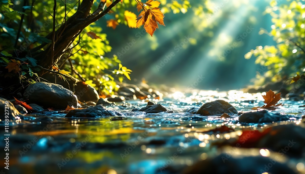Fototapeta premium Serene Autumn Stream: Sunlit Water, Golden Leaves, Peaceful Nature