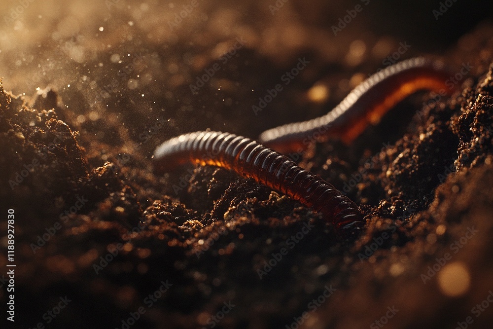Macro photograph of an earthworm in soil with dramatic lighting Macro photograph of an earthworm in soil with dramatic lighting