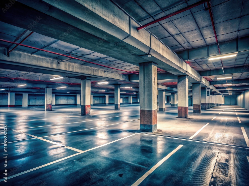 Fototapeta premium Surreal concrete lines and open architecture define this AI-generated digital art depicting an empty parking garage.