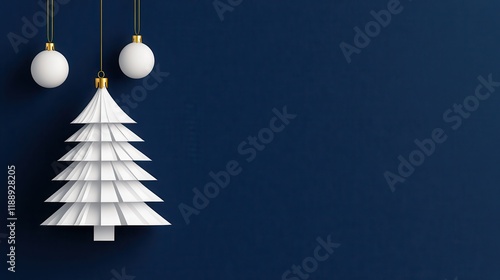 Minimalist Christmas Tree Design: Elegant White Paper Tree with Ornaments Against a Deep Blue Background
