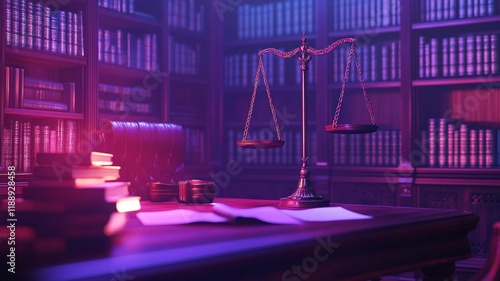 A courtroom setting with legal documents, scales of justice, and books