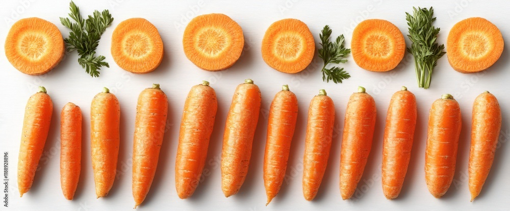 Flat lay of whole and sliced carrots arranged in rows on a white background. Flat lay of whole and sliced carrots arranged in rows on a white background.