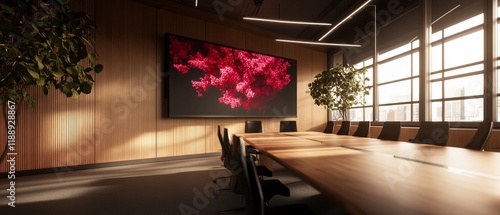A modern digital meeting room featuring large screen, wooden accents, and plants. space is designed for collaboration and innovation