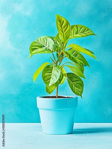 Vibrant Green Plant in Light Blue Pot - Growth, nature, freshness, spring, life; a vibrant green plant thrives in a light blue pot against a teal backdrop. photo