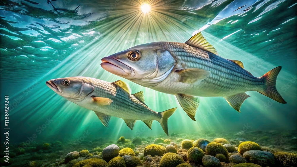 Naklejka premium Urban exploration: Top-down shot of a single gray mullet in green shallows.