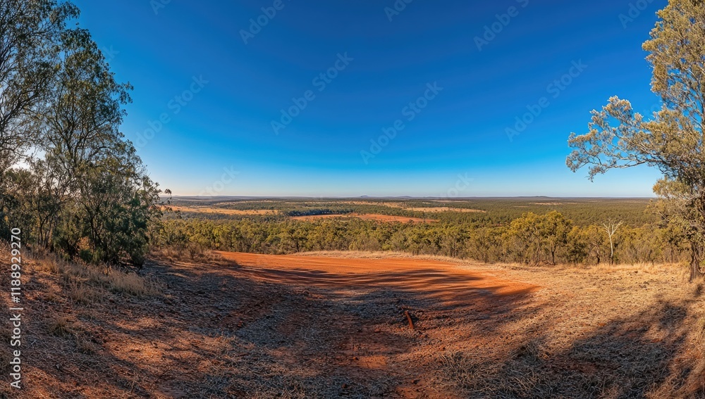 Fototapeta premium A wide-angle photo of the empty road in Australia's Outback, with red earth and sparse vegetation on both sides, a clear blue sky, and distant hills in the background.
