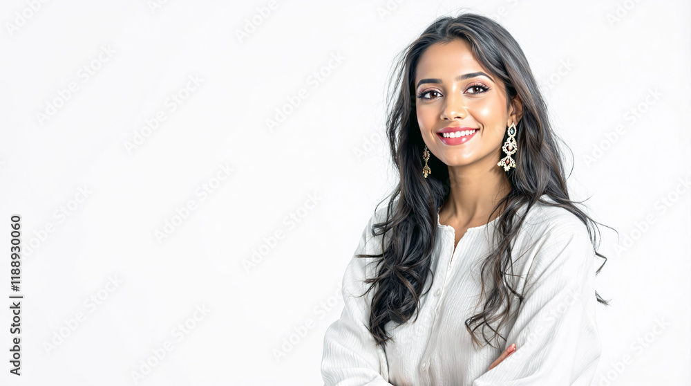 Confident young Indian woman with long dark hair wearing white top against white background Confident young Indian woman with long dark hair wearing white top against white background