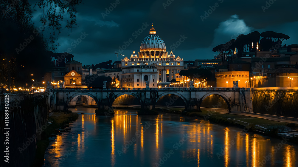Fototapeta premium A night view of St. Peter's Basilica in Rome, Italy.
