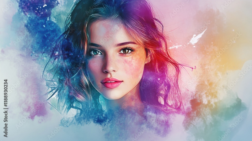 Fototapeta premium beautiful fantasy abstract portrait of a beautiful woman double exposure with a colorful digital paint splash or space nebula, generative ai illustration