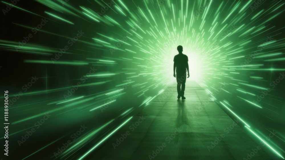 silhouette of a person, green energy burst, radiant light, sci-fi portal, time travel concept, digital art, glowing particles, motion blur, abstract background, futuristic, ethereal, high contrast, ci silhouette of a person, green energy burst, radiant light, sci-fi portal, time travel concept, digital art, glowing particles, motion blur, abstract background, futuristic, ethereal, high contrast, ci