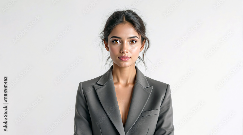 Confident Indian businesswoman in gray blazer against minimalist background Confident Indian businesswoman in gray blazer against minimalist background