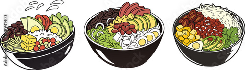 High Quality Burrito Bowl Vector Illustration Featuring Fresh Ingredients, Vibrant Colors, and Detailed Design for Food Branding, Advertising, Menu Design, Digital Art, and Culinary Marketing Projects