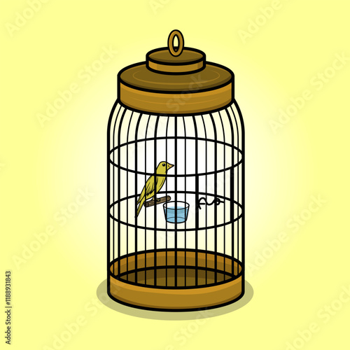 A yellow bird is in a round birdcage with a dome and vertical bars