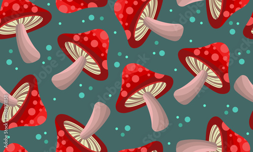 Magical red mushroom seamless pattern background