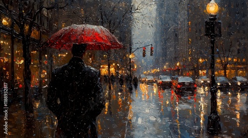 Rainy city street scene with a person holding a red umbrella.