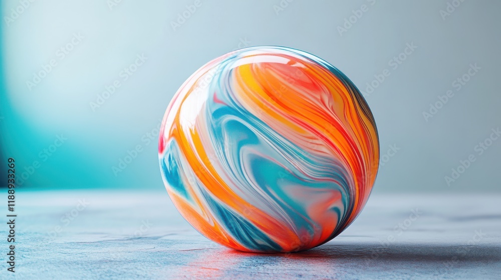 Fototapeta premium A vibrant, swirling marble ball with orange, blue, and white patterns resting on a smooth surface, set against a softly blurred background creating a playful and artistic atmosphere
