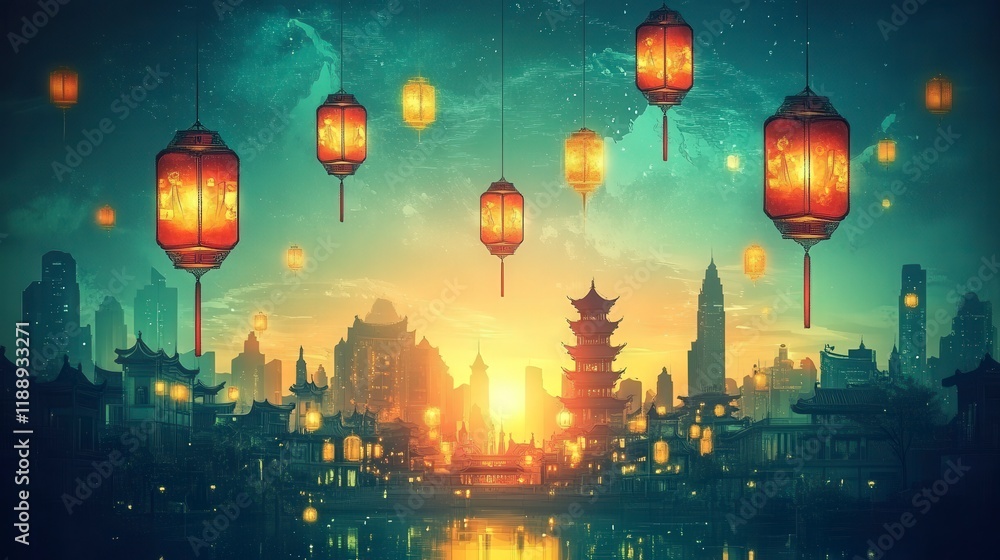 Obraz premium Serene Nightscape with Illuminated Lanterns Over a Tranquil River Surrounded by Majestic City Skyline and Ancient Architecture in a Dreamlike Atmosphere
