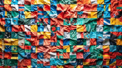 Multi-coloured flags neatly arranged in a grid, conveying the idea of global cooperation and world diversity. Great for presentations on international relations and cultural exchanges.