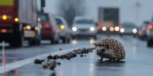 Fototapeta Naklejka Na Ścianę i Meble -  Hedgehog on a wet road amidst blurred traffic. A small creature in a big city.