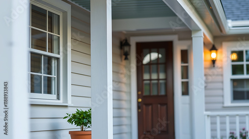 Wallpaper Mural Charming House Exterior: White Siding, Brown Door, and a Welcoming Porch. Perfect for Real Estate Listings and Home Design Inspiration. Torontodigital.ca