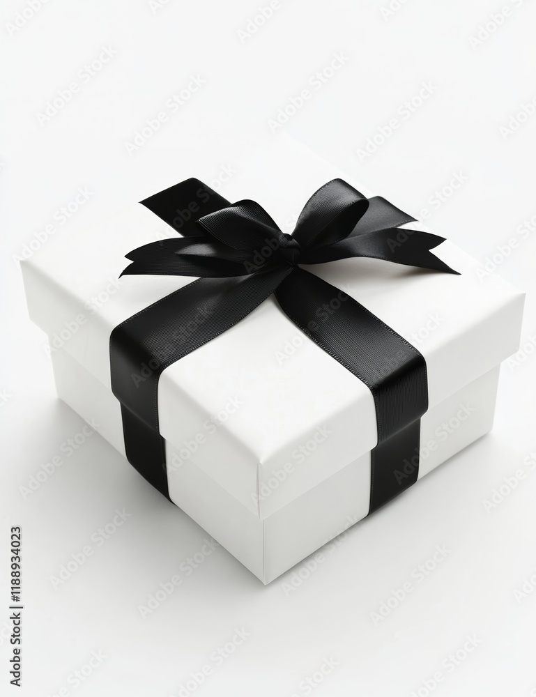 A white gift box with a black ribbon, against a pure white background A white gift box with a black ribbon, against a pure white background