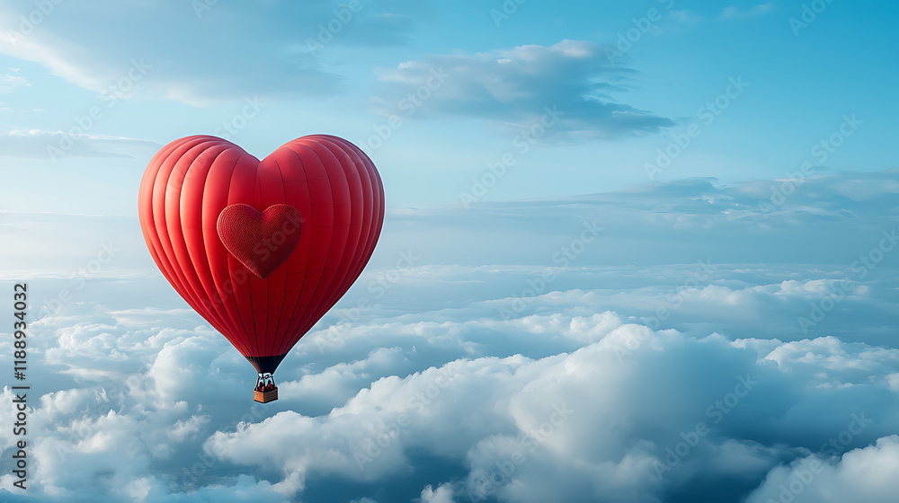 Fototapeta premium Heart-shaped hot air balloon soars above clouds romantic landscape aerial photography dreamy viewpoint love concept