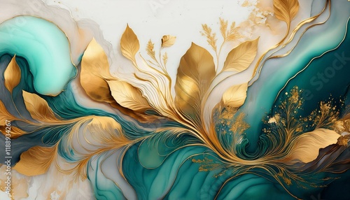 herbal luxurious abstract fluid art painting in alcohol ink approach soft and dreamy wallpaper combination of colors creating  waves and golden swirls for posters other printed substances