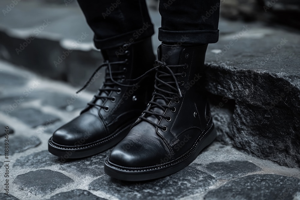 Close-up photo of stylish black leather boots on cobblestones. Close-up photo of stylish black leather boots on cobblestones.