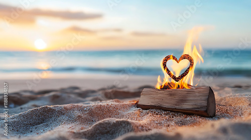 Romantic beach fire heart shaped log coastal sunset photography tranquil atmosphere close-up love concept photo