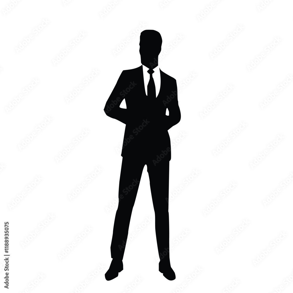 Silhouette of a businessman or a male model wearing a suit with both hands behind his back, vector illustration on a white background. Silhouette of a businessman or a male model wearing a suit with both hands behind his back, vector illustration on a white background.