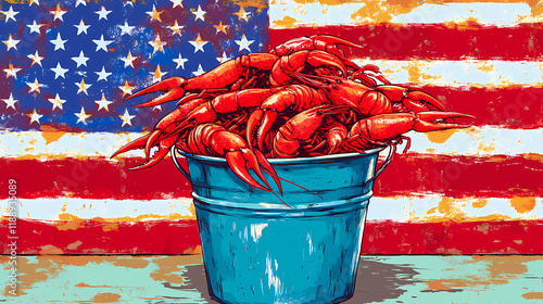 A vibrant bucket filled with lively crawfish against an american flag backdrop, showcasing a festive seafood theme. Seawood. Illustration photo